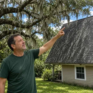 Pointing up at a heavily black-streaked shaded shingle roof under oak canopy at a coastal South Carolina home