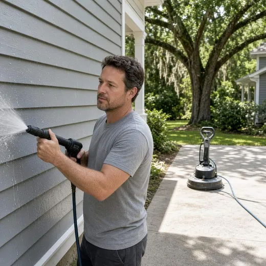 A low-pressure soft-wash wand on siding beside a high-pressure surface cleaner on concrete at a Lowcountry home