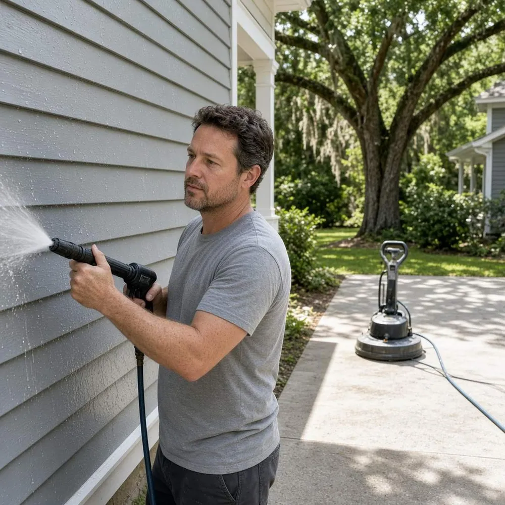 A low-pressure soft-wash wand on siding beside a high-pressure surface cleaner on concrete at a Lowcountry home