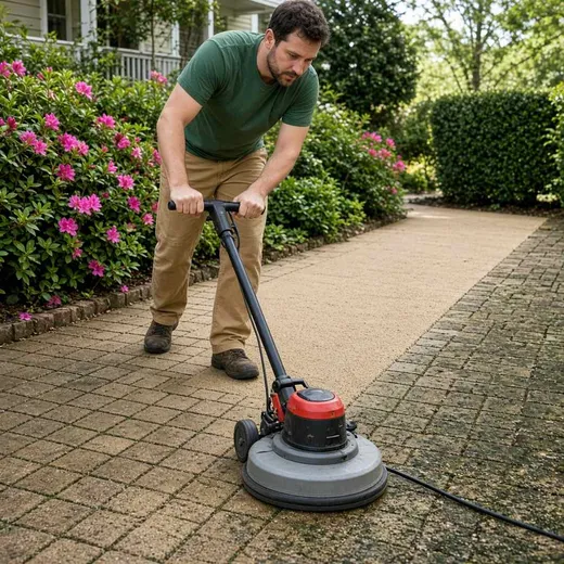 Cleaning a paver walkway with a surface cleaner, clear clean-versus-dirty contrast between pavers
