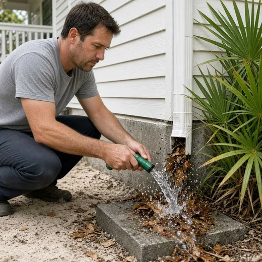 Crouched at a downspout flushing debris with a hose, water and leaves running out