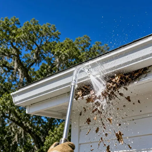 On a ladder hand-scooping oak leaves and pine needles from a gutter on a coastal Hilton Head home