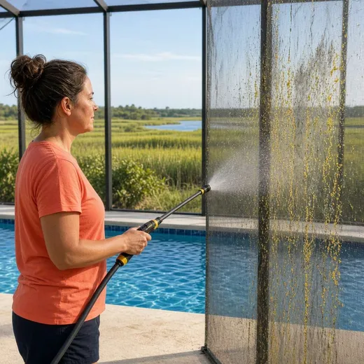 Low-pressure rinsing a large screened pool enclosure as pollen and mildew film wash off the screens