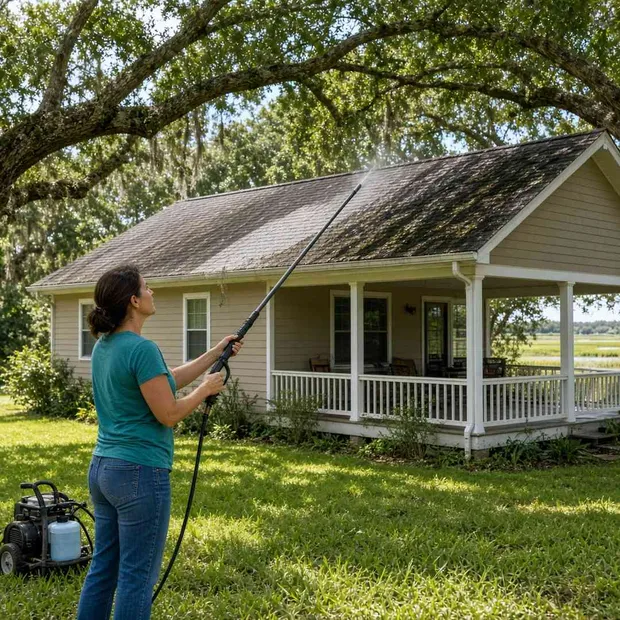 Soft-washing a shaded asphalt-shingle roof streaked with black algae, one section already streak-free