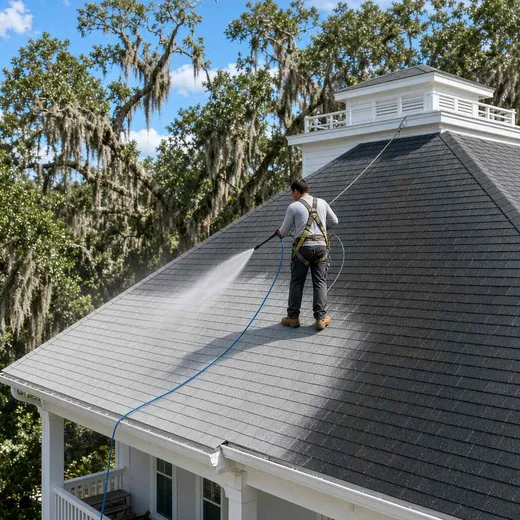Worker looking up at a streaked asphalt roof with a soft-wash wand, algae-stained shingles beside cleaned ones